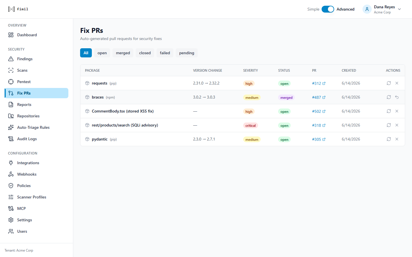 A fix pull request opened by Fimil with the proof and remediation