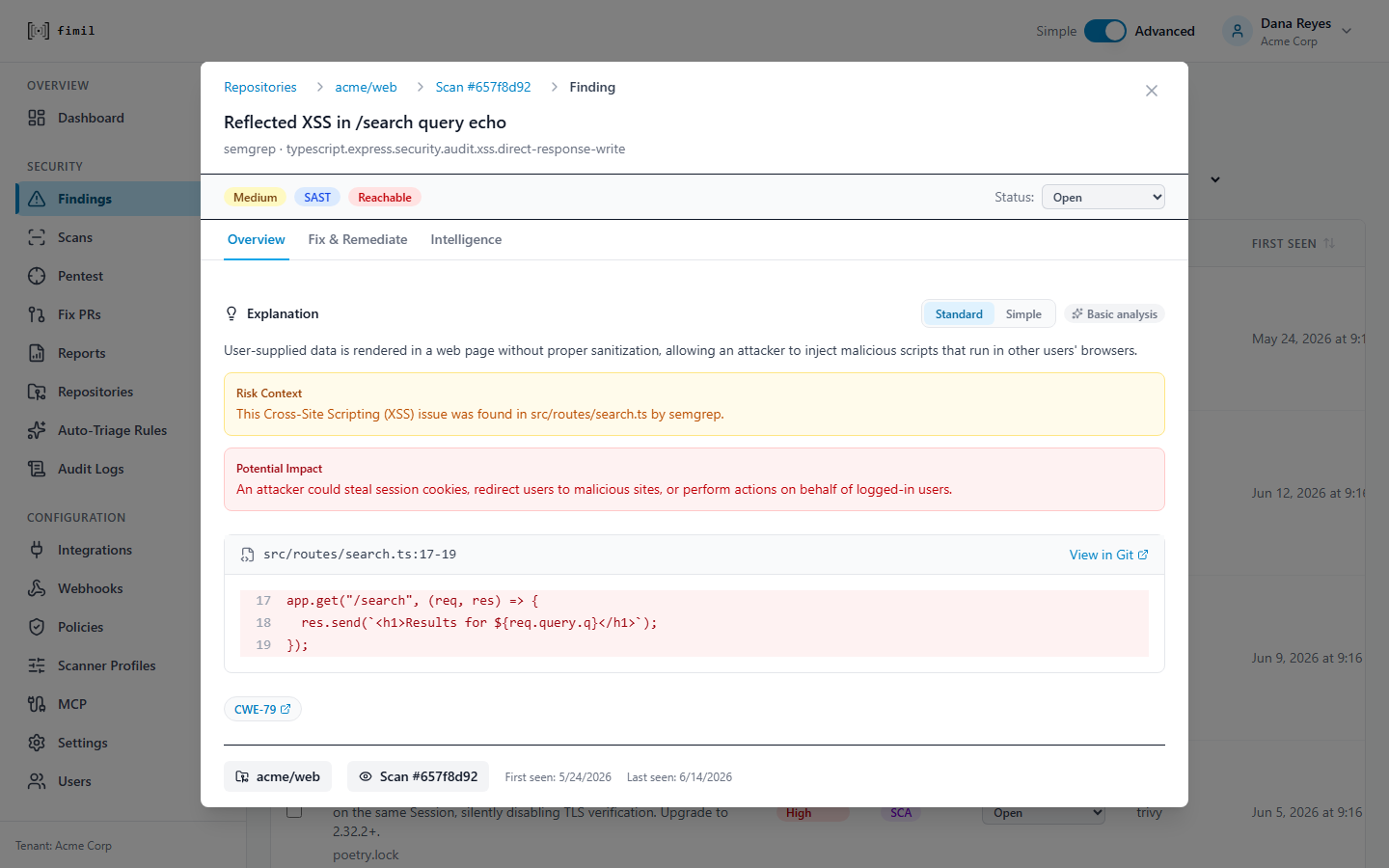 Finding triage detail with code location, remediation, and evidence tabs